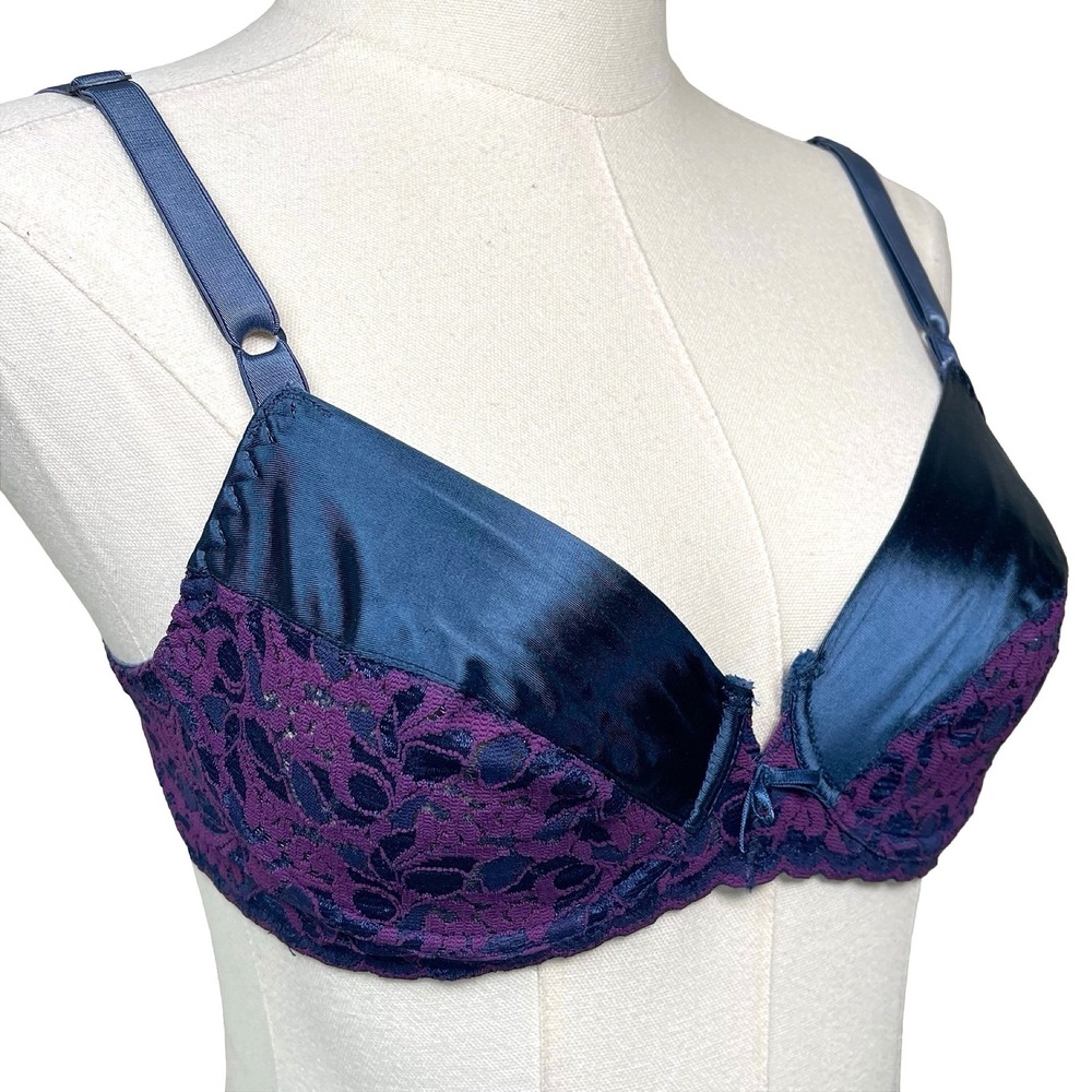 Vintage Maidenform Rendezvous Bra 34B Blue Purple Satin Lace Second Skin 8319